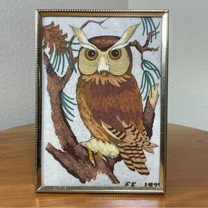 Vintage 1977 Painted Owl Handmade Art Work Gold Frame